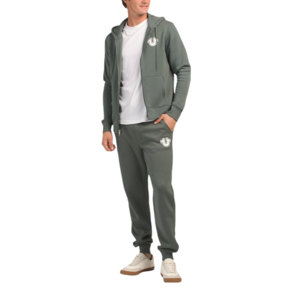 True Religion Men's Sweatsuit 2 PC Fleece Tracksuit Hoodie Joggers Balsam Green